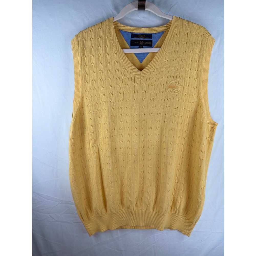 Tommy Hilfiger Golf Mens Yellow Cable Knit V-Neck Cotton Sweater Vest Size M PGA